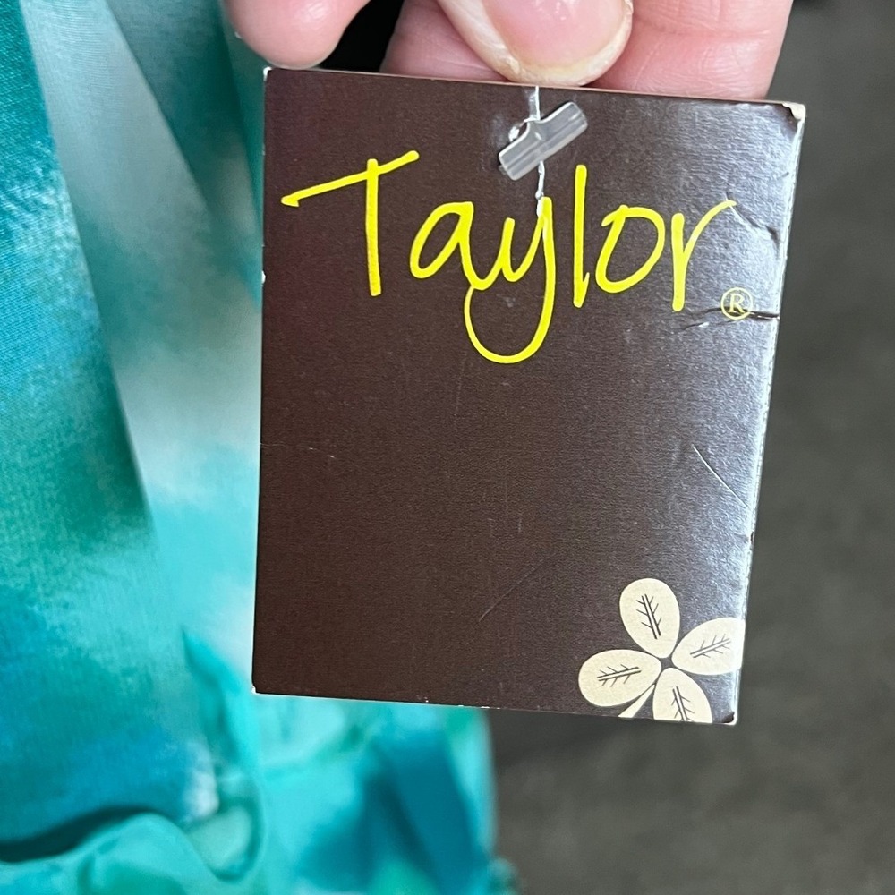 Taylor Women Green Blue Watercolor Smocked High Neck Tiered Dress 2937MY L NEW - Picture 3 of 7